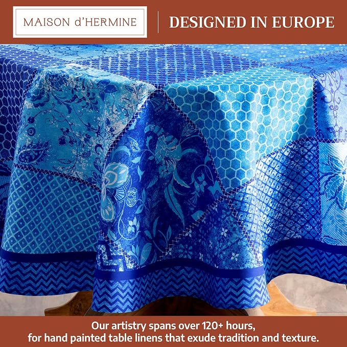 Maison d' Hermine Table Cloth Round Table 100% Cotton 69 Round Inches Tablecloth Reusable Decorative for Dining Kitchen Room Farmhouse Party Home Hotel Restaurant Spring Summer - Indigo Love