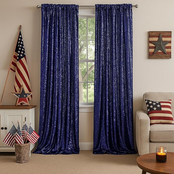 PartyDelight Navy Blue Sequin Backdrop Curtains 2x8ft 2 Panels | 3mm stitched sequin curtain with 4 inch rod pocket for 2x8ft 2 panel doorway window side drape narrow photo booth strip
