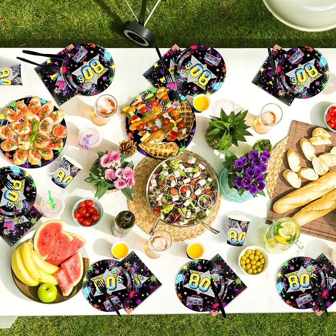168 Pcs 80s Party Decorations Back to The 80s Plates Napkins Cups Forks Knives Spoons Retro Neon Hip Hop Tableware Set for 80's Theme Music Colorful Birthday Party Supplies Serves 24