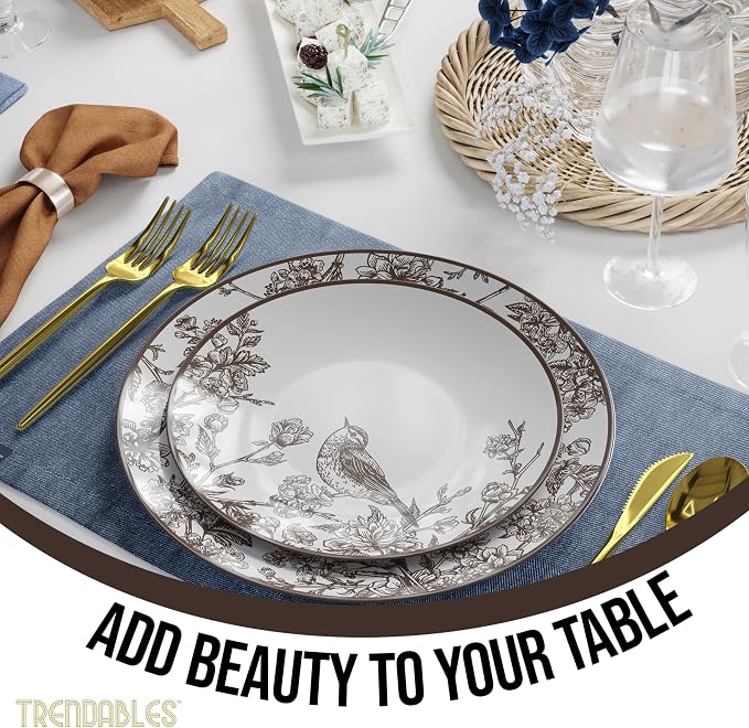 Trendables Disposable Dinnerware Sets Vintage Plates Plastic Disposable Plates Set For 20 Guests 20 x 8 Inch Dessert Plate & 20 x 10 Inch Wedding Plates & Party Plates Rustik