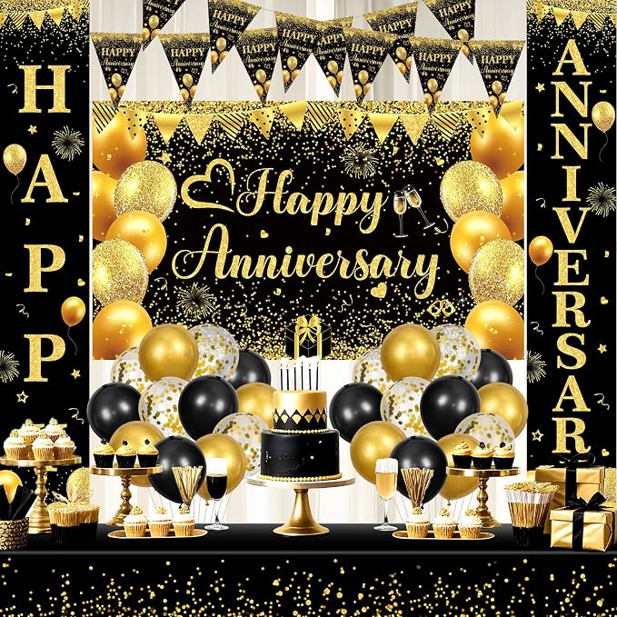 Black and Gold Happy Anniversary Decorations for Men Women, Black Gold Wedding Anniversary Party Decorations Banner, Porch Banner, Triangle Flag, Tablecloth and Balloons Kit Party Supplies