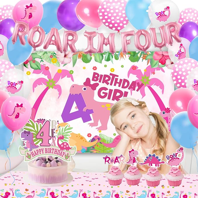 Dinosaur 4th Birthday Decorations for Girls,Roar Im Four Birthday Decoration，Roar Im 4 Pink Dinosaur Party Decor Supplies include Backdrop, Banner, Plates
