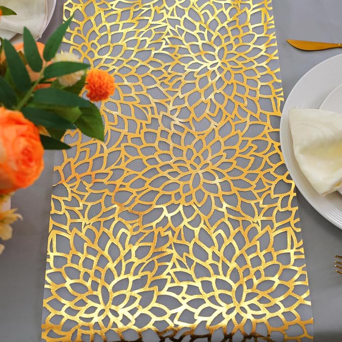 Snowkingdom 2 PCS Gold Table Runner 108 Inches Long, Gold Bloom Sequin Glitter Flower Floral Table Decor for Holiday Dining Kitchen Party Home Decorations