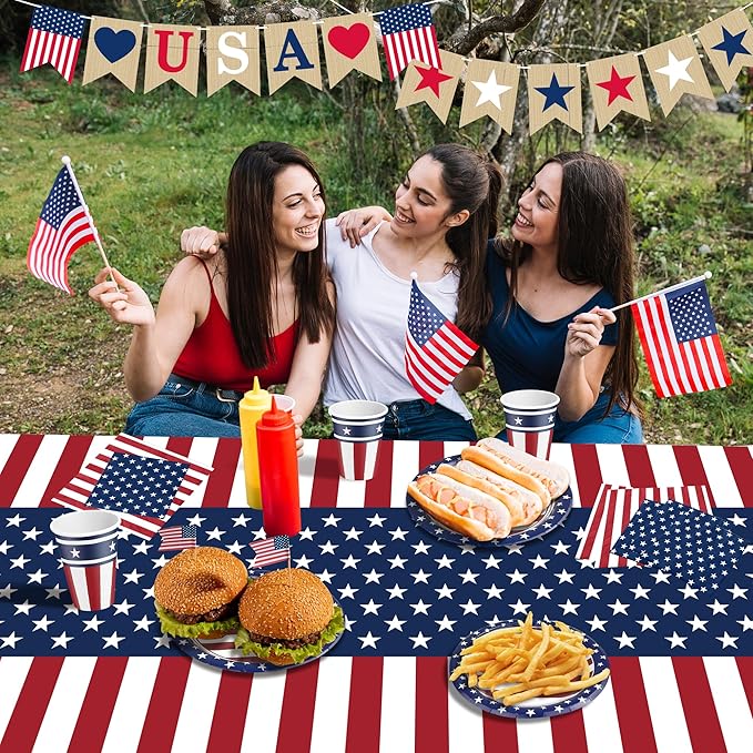 OHOME Fourth of July Decorations - Serve 24 - Patriotic Plates Tablecloth Napkins Cups Banner | 4th of July Accessories for Home Outdoor Memorial Day | America 250th Merchandise Anniversary