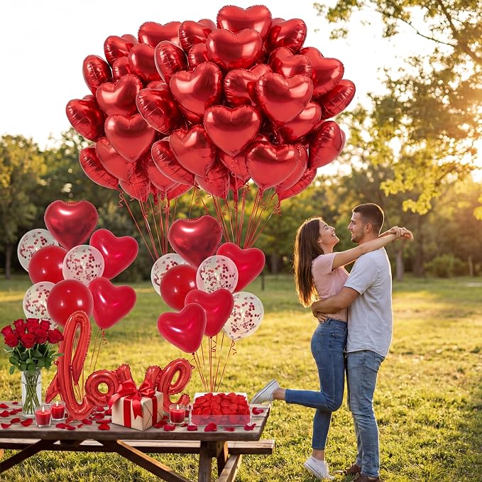 Valentine’s Day Decorations Set – Red Heart Balloon Kit with LOVE Foil, LED Candle Lights & Rose Petals, Romantic Room Decor for Proposal, Bedroom or Hotel