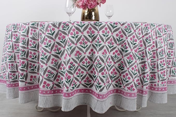 Ridhi Round Tablecloth Hand Block Print 100% Cotton Reusable Pink and White 110 Inch Table Cover Decorative Everyday Use for Dining, Home, Party, Wedding, Farmhouse Gift for Spring, Mother's Day