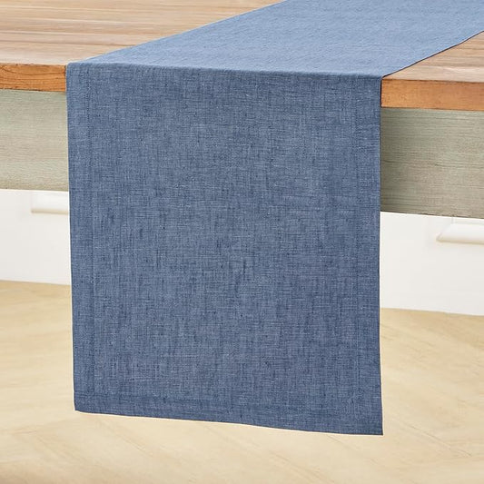 Solino Home Linen Table Runner 120 Inches Long - Athena, 100% Pure Linen Blue Denim Dining Table Runner 14 x 120 Inch for Spring, Summer