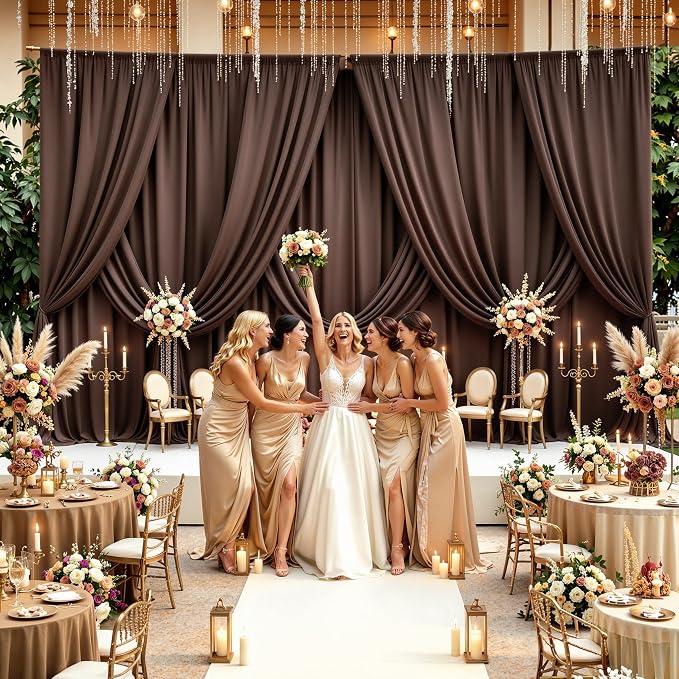 10x14ft Brown Backdrop Curtains for Wedding Party, 2 Panels 14 ft Long Back Drop Cloth, Wrinkle-Free Polyester Drapes for Birthday, Baby Shower, Stage Photography Background