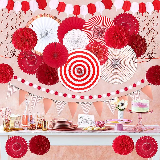 Moon Boat 35PCS Party Decorations Paper Fan Hanging Set - Birthday,Wedding,Baby Shower,Circus,Festival Decor (Red)