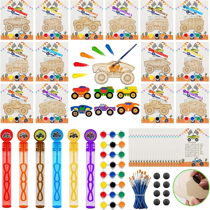 HandTool Monster Truck Party Favors, 24 PCS DIY Wooden Truck Painting Crafts Kit for Kids with Paints & Magnets, Bubble Wands, Cards and Gift Bags, Monster Truck Birthday Supplies Classroom Rewards