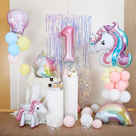 Happy Birthday Unicorn Theme Foil Balloon Kit Decorations for 1st Birthday Decor Luxury All-In-One Party Supplies with Number Balloon Letter, Rainbow Decor (Unicorn Birthday Set 1)
