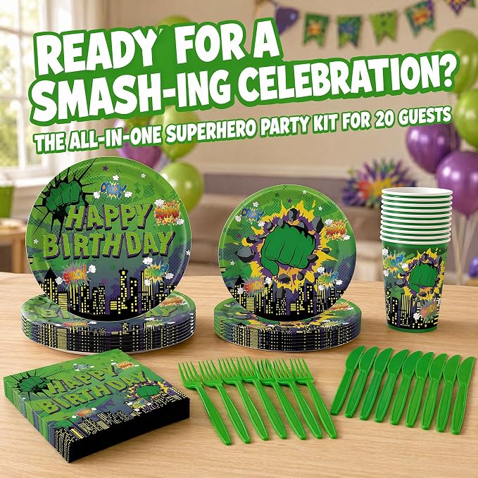 120 PCS Green Hero Party Decorations Include Plates Napkins and Knife and Fork Green Hero Party Supplies Serves 20