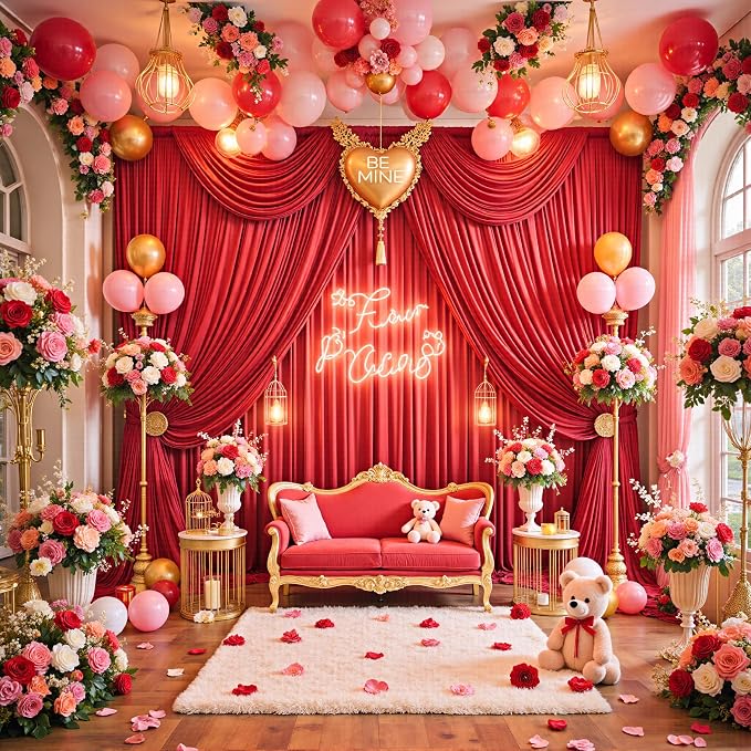 50ft x 12ft Wrinkle Free Red Backdrop Curtains for Parties, 10 Panels 12FT Long Photo Backdrop Drapes Silky Back Drop Cloth for Wedding Birthday Photography Background Decor