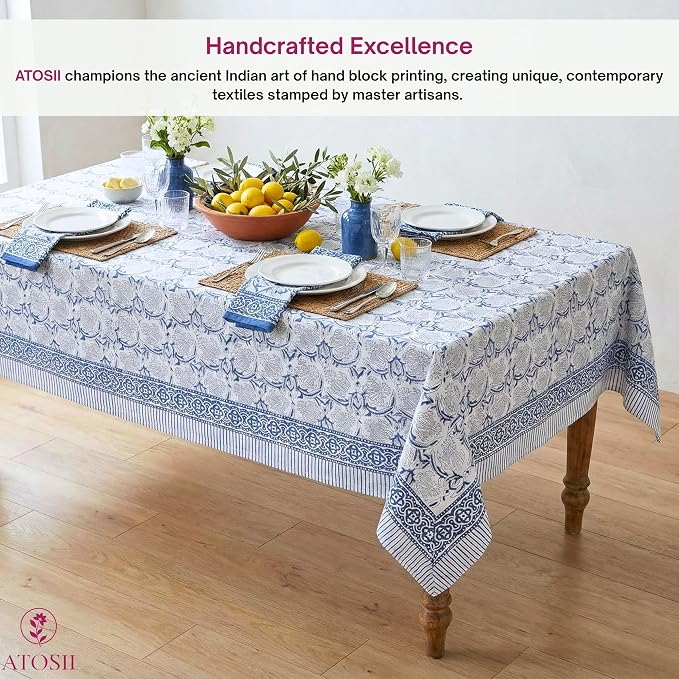 ATOSII ‘Santorini’ 100% Cotton Fall Tablecloth, Handblock Print Blue Rectangle Table Cloth for Kitchen I Dining Table Linen I Parties Wedding Christmas Thanksgiving I Fall Decor 60 X 108 Inches