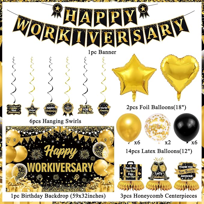 Vlipoeasn Happy Workiversary Banner Decorations for Women Men, Black Gold Work Anniversary Bacdrop Banner Honeycomb Centerpieces, Office Decor Staff Teachers Professors Doctor Nurses Workiversary