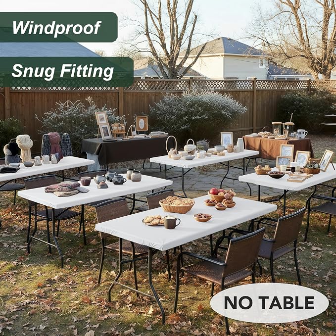 LUSHVIDA 10 Packs Vinyl Tablecloths with Flannel Backing for 8ft Rectangle Folding Table Cloths - Waterproof Plastic Picnic Table Covers with Elastic Corners, 30x96 inch, White