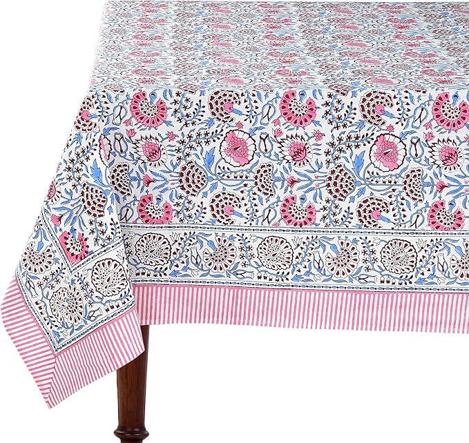 Ridhi Pigeon Blue Hand Block Print Cotton Rectangle Tablecloth 118 x 70 inch-Reusable Table Cover Decorative Everyday Use for Dining Room, Farmhouse, Thanksgiving, Christmas Wedding, Fall