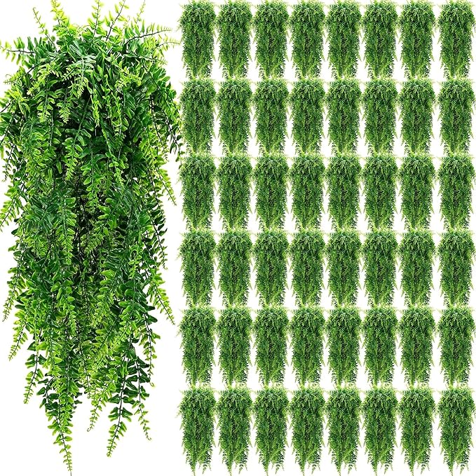 Geosar 48 Pcs Artificial Hanging Plants 32 Inch Hanging Boston Ferns Plastic Fake Plants for Wall Room Garden Wedding Garland Indoor Outdoor Decoration, No Basket
