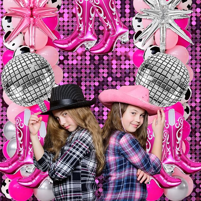 2 Sets Disco Cowgirl Balloon Column Stand Kits Adjustable Pink Balloons with Disco Ball Explosion Star Cowgirl Boot Themed Tower Stand Kit for Western Party My First Rodeo Baby Shower Decorations