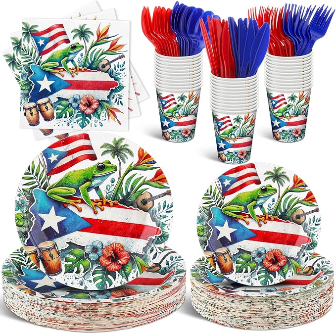 FoldTier 350 Pcs Puerto Rico Party Decoration Disposable Paper Plates Napkin Cup Puerto Rico Latin Birthday Tableware Tropical Fiesta Flag Coqui Frog for Summer Bachelorette Pool Party Serve 50 Guests