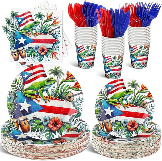 FoldTier 350 Pcs Puerto Rico Party Decoration Disposable Paper Plates Napkin Cup Puerto Rico Latin Birthday Tableware Tropical Fiesta Flag Coqui Frog for Summer Bachelorette Pool Party Serve 50 Guests