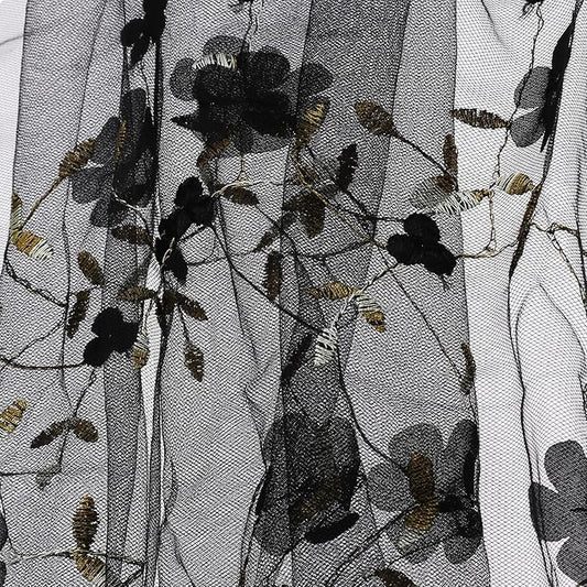 MECCANIXITY 5 Yard Tulle Fabric 175"x51"3D Flower Embroidery Mesh Lace Fabric for DIY Handmade Clothing Wedding Dress Skirt Home Curtain Decoration, Black