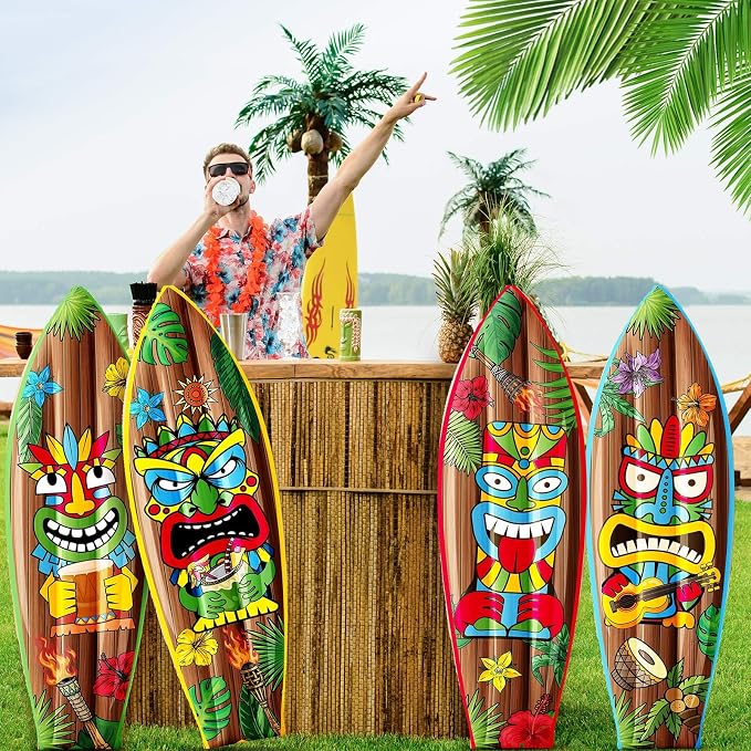 JellyArch 4 Pcs Tiki Inflatable Surf Board 36 Inch Tiki Party Decorations Blow up Surfboard Bar Decorations Inflatable Pool Floats for Hawaiian Luau Tropical Beach Party Supplies Outdoor Decor