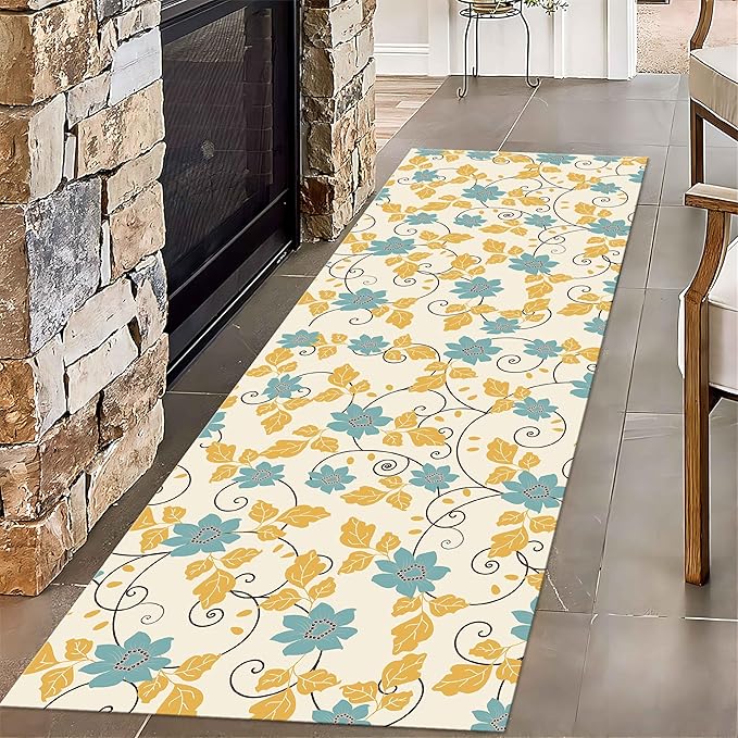 Flowers Hallway Runner Rug, 3.3x7ft, Tropical Leaf Throw Rug Runner for Entrance, Yellow Leaves and Blue Flowers Washable Non-Slip Rugs, Breathable Home Decor Floor Carpet for Runner Living Room
