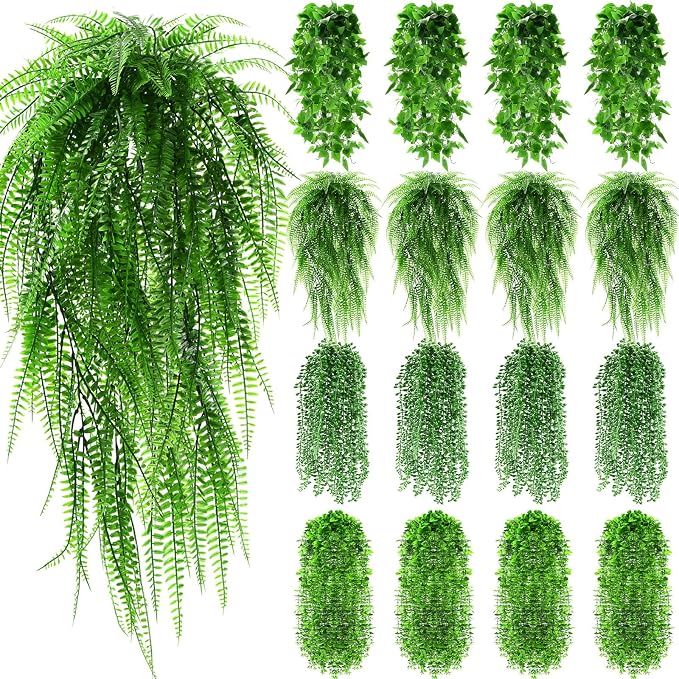 Daifunli 16 Pcs Artificial Hanging Plants Fake Hanging Ferns Plastic Faux Plants for Wall Room Garden Garland Indoor Outdoor Decor No Basket (Boston,Eucalyptus,Ivy Vine,String of Pearls)