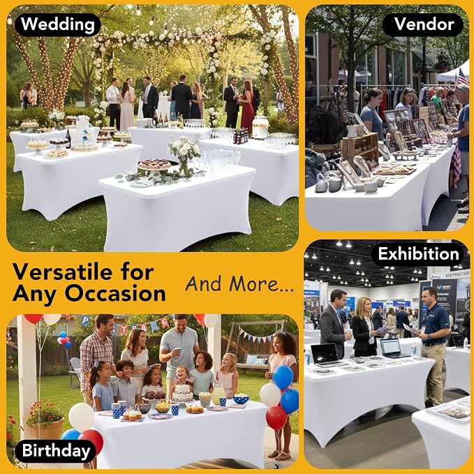 8-Pack Premium White Spandex Tablecloths for 6ft Rectangle Tables, Stain & Wrinkle-Resistant, Washable Stretch Polyester Fitted Table Cover for Weddings, Banquets, Trade Shows Events