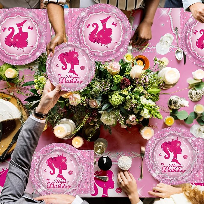 161CT Pink Girl Babe Happy Birthday Party Supplies Babe Head Paper Plates Cups Straw Napkins Spoon Fork knives Tablecloth Hot Pink Girl Party Decorations Tableware for 20 Guests for Bday Baby Shower