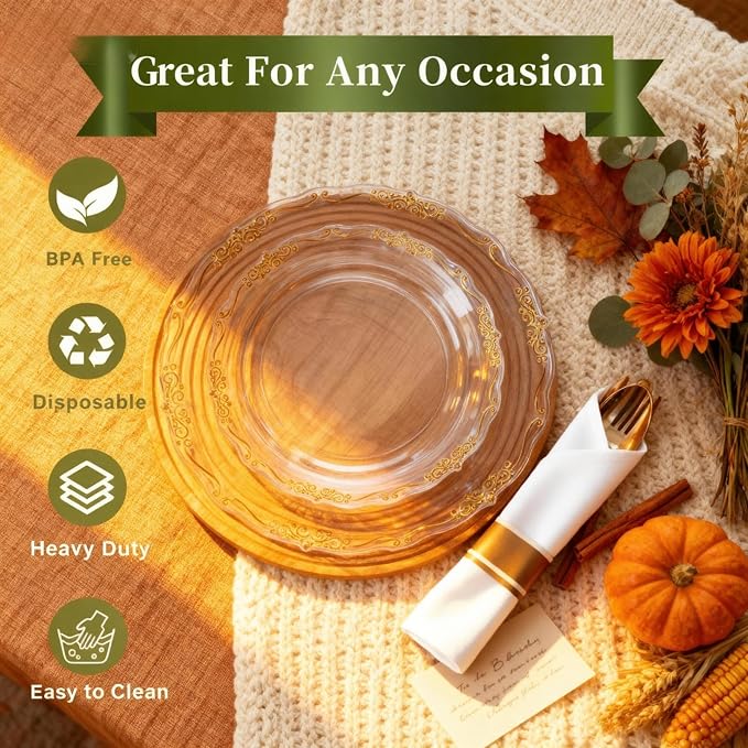 U-QE 175 Pieces Gold Plastic Plates and Napkins Party Supplies - Clear and Gold Dinnerware Set 25 Guest - 25 Dinner Plates, 25 Dessert Plates, 25 Per Rolled Napkins with Cutlery, 25 Cups 9 OZ