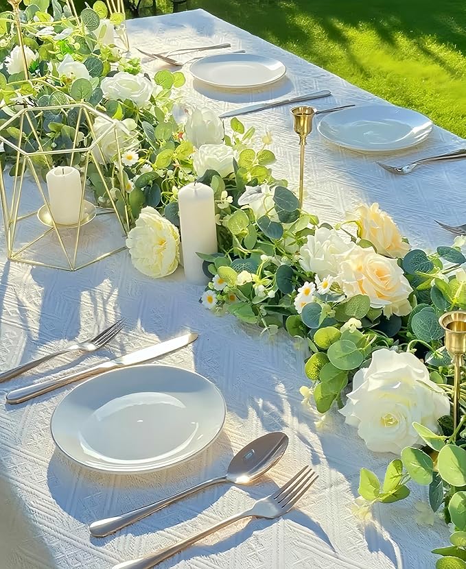 5.9FT Artificial Eucalyptus Garland with Flowers (Roses, Peonies, Daisies); Artificial Flower Garland for Weddings, Backdrops. Artificial Rose Vine For Home Decor, Table Decor, Door & Hanging Decor.