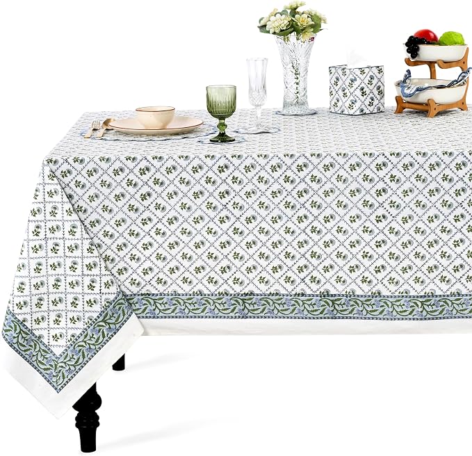 Ridhi Lattice Bloom Blue Hand Block Print Cotton Rectangle Tablecloth 90" x 60" inches Reusable Table Cover Decorative Everyday Use for Dining Room, Farmhouse, Home Gift for Spring, Mother's Day
