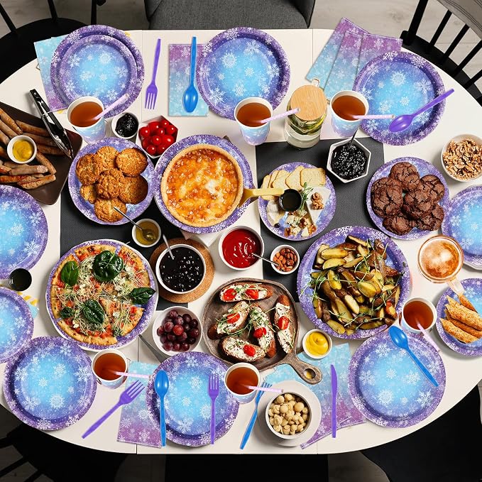 Winter Snowflake Paper Plates and Napkins Set, Blue and Purple Snowflake Winter Wonderland Disposable Tableware for Christmas Winter Holiday New Year Birthday Party Supplies Decorations, Serve 50
