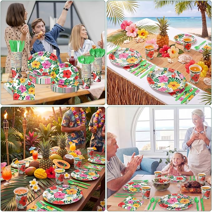 Pajean 350 Pcs Luau Tropical Party Supplies 12 in Disposable Hawaiian Luau Oval Plates and Napkins Palm Leaf Heavy Duty Paper Tableware Set for 50 Guests Summer BBQ Pool and Beach Party Decorations