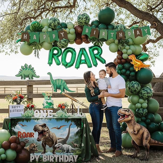 Dinosaur Birthday Party Decorations with Dinosaur backdrop Hunter Green brown balloon arch & Small dino Foil balloons & birthday Banners for Kids Jungle ROAR Three-REX Wild one theme Party Supplies
