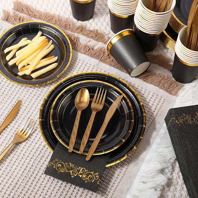 350 Pcs Black and Gold Plastic Plates Disposable Graduation Party Dinnerware Set for 50 Guests 9'' Dinner Silverware 7'' Dessert Plates Cups Napkins Knives Forks Spoons for Wedding Birthday Retirement
