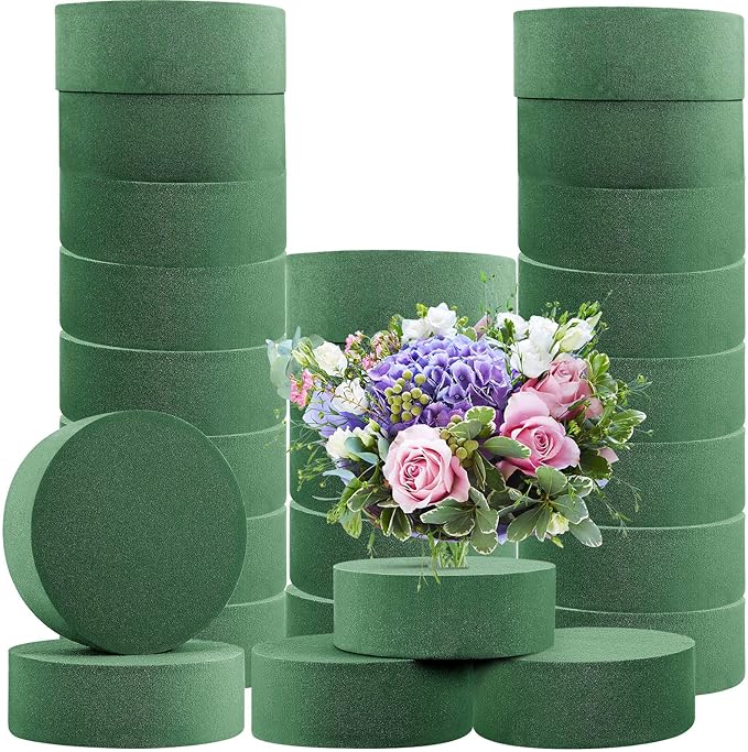 Lounsweer 24 Pcs Floral Foam Blocks 4.72 x 1.57 Florist Floral Round Foam Blocks Dry and Wet Green Foam for Flower Arrangement Fresh and Artificial Flowers Wedding Party Decoration Supplies