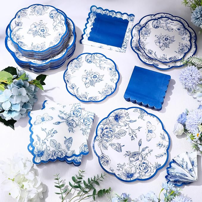 Funnymoom 200 Pcs Blue White Floral Party Tableware Flower Birthday Disposable Paper Dinner Dessert Plates Blue Floral Napkins for Baby Shower Bridal Shower Wedding Party Family Holiday 50 Guests