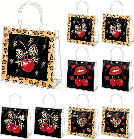Wood Homing 24PCS Red Cherry and Cheetah PVC Clear Gift Bag with Handle Cheetah Bow Reusable Party Favor Bag for Kid Cherry Themed Brown Leopard Print Treat Goodie Bags for Bachelorette Birthday Party