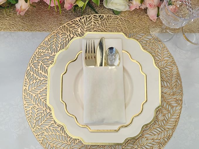 " OCCASIONS " 80 Plates Pack,(40 Guests) Heavyweight Wedding Party Disposable Plastic Plates Set -40 x 10.5'' Dinner + 40 x 8'' Salad/Dessert Plate (Imperial Ivory & Gold)
