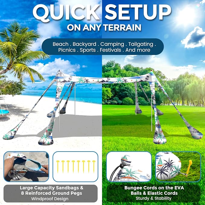 Beach Canopy Beach Tent Pop Up Shade 10x10ft Sun Shelter UPF50+ with 8 Sandbags-2 Sand Shovel-4 Aluminum Poles-Ground Pegs-Portable Carrying Bag for Outdoor Family Camping Fishing Yard Picnic