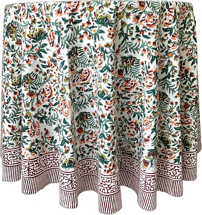 ATOSII Ambrosia Green 100% Cotton Round Tablecloth, Handblock Print Floral Table Cloth for Kitchen Dining Linen I Weddings, Outdoors, Thanksgiving, Christmas I Fall Home Decor I 72" Inches Round