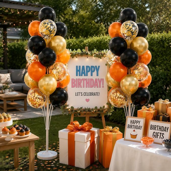 Balloon Column Kit Set of 2 With Balloons Included - with Base, and Pole,Balloon Tower Backdrop Decoration for Wedding, Baby Shower, Birthday Party, or Bachelorette Parties (Black Orange)