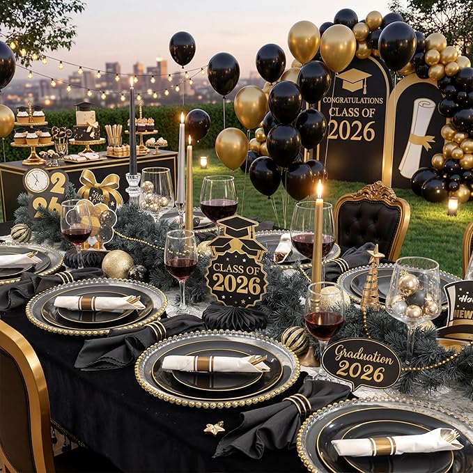 KIRE 350 PCS Plastic Dinnerware Set for 50 Guests - Black and Gold Plates 50 for Dinner 50 for Dessert & 50 Pre Rolled Napkins with Disposable Silverware 50 Cups for Graduation/Banquet/Wedding