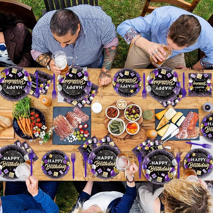 gisgfim 50 Guests Purple Birthday Party Supplies Purple and Black Plates and Napkins Forks Happy Birthday Tableware Paper Plates for Women Girl Party 200PCS