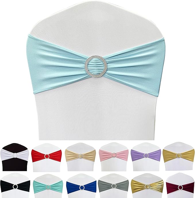 Spandex Chair Sashes Bands 50PCS Stretch Chair Ties Bows with Buckle Slider for Wedding Party Banquet Decoration (Baby Blue)…
