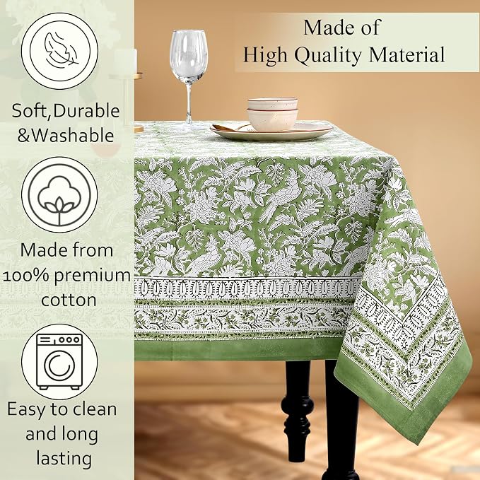 CPC Tablecloth 100% Cotton 72x140 Inch Indian Block Print Rectangle Table Cover, Green Table Cloth for Weddings, Spring/Summer, Barbeque - Olive Green