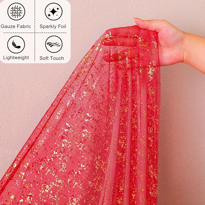 Snowkingdom Red Gold Table Runner Gauze 10FT Sparkly Sequin Glitter Sheer Chiffon Cheesecloth Runner 120 Inch Home Party Decorations for Wedding Anniversary Birthday Graduation Christmas Holiday